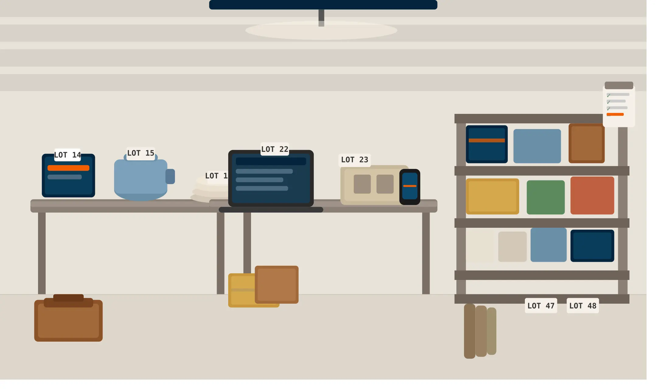 Flat illustration of an auction house intake area with mixed inventory lots including electronics, tools and housewares on folding tables with lot number tags