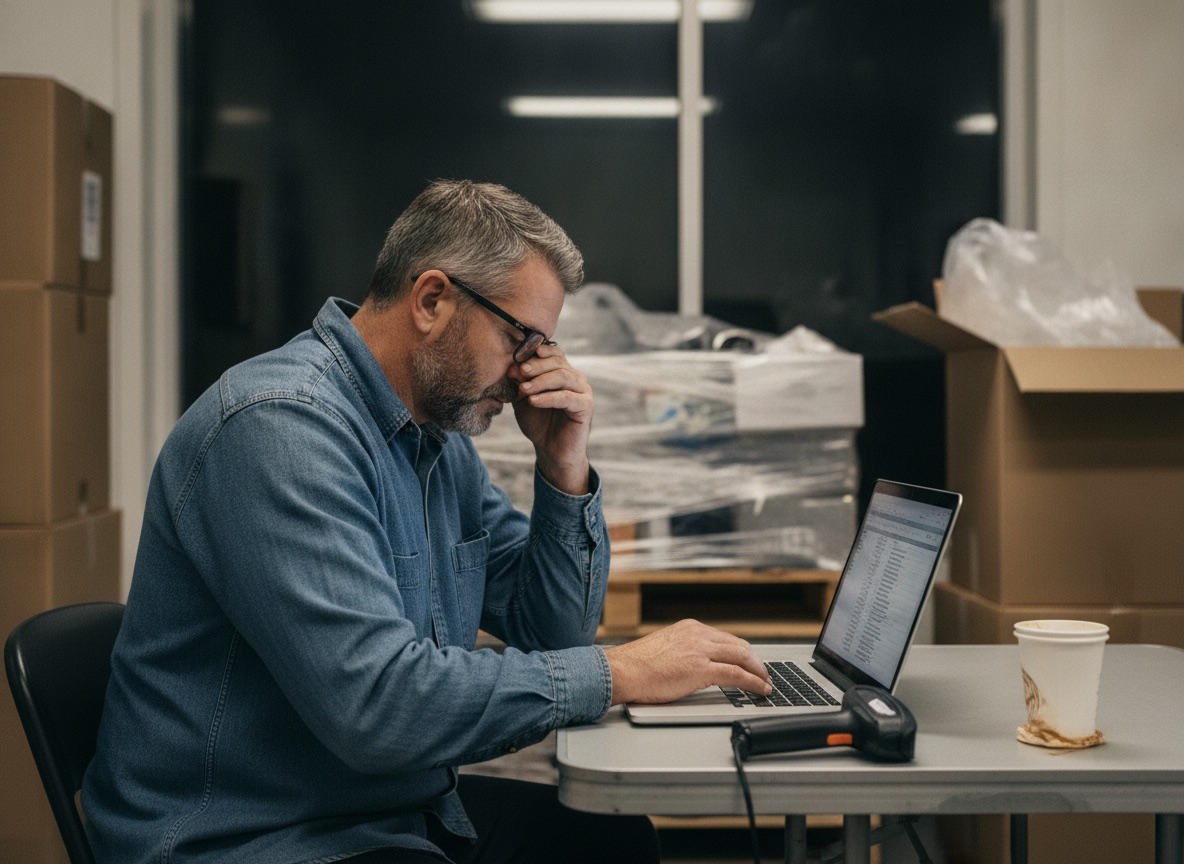 Tired reseller typing product listings by hand at a laptop