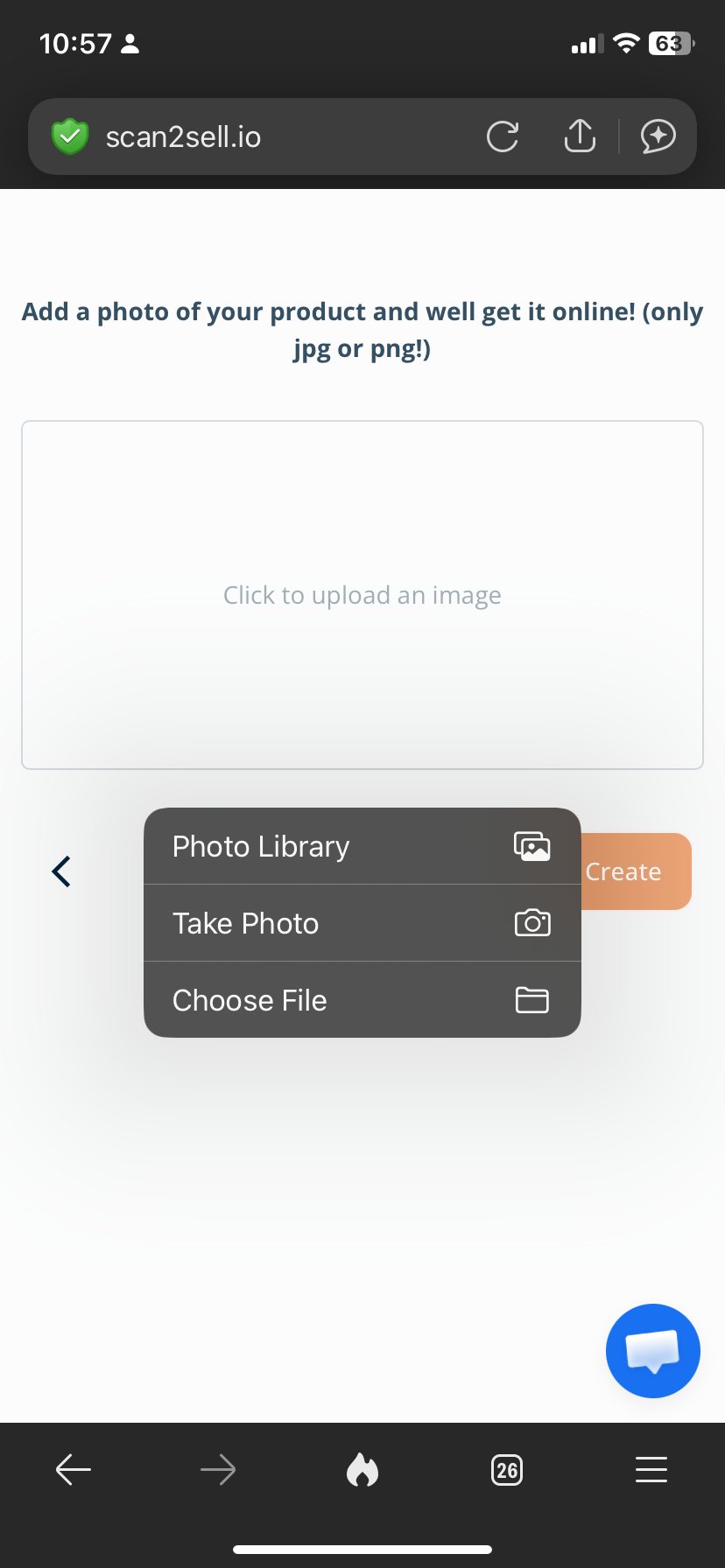 Scan2Sell upload screen prompting a merchant to add a photo of a product that has no barcode to print