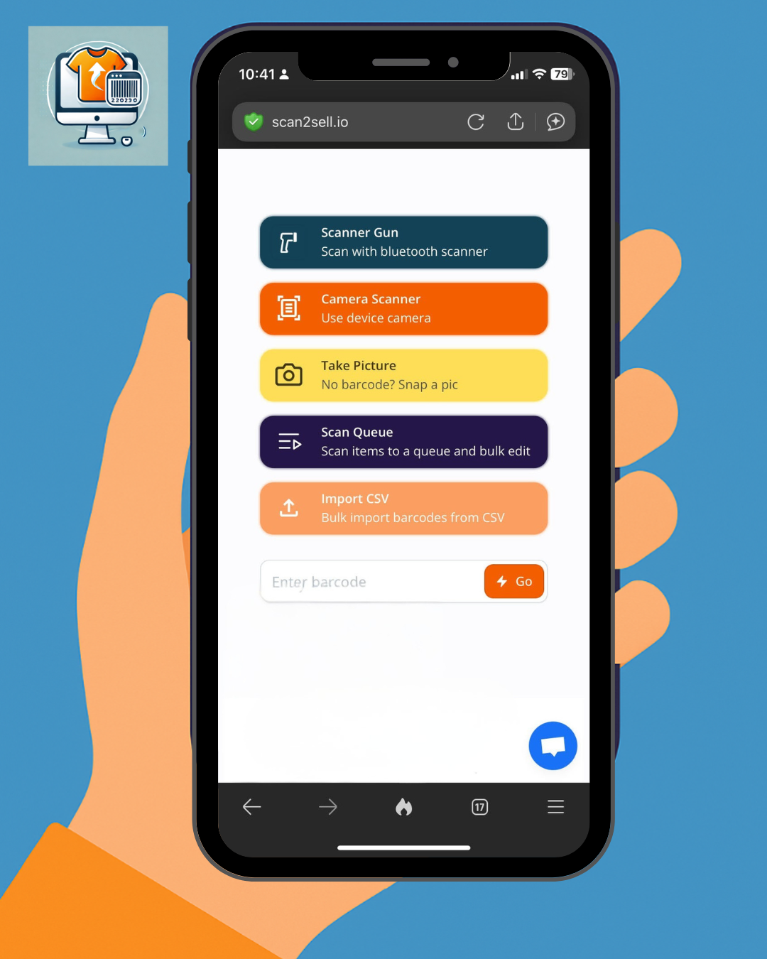 Flat-style illustration showing a close-up of a hand holding a smartphone with the Scan2Sell app open, displaying a scanning option prompts on the mobile screen with the Scan2Sell logo at the top.