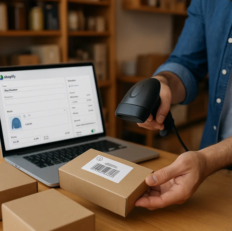 “Retailer scanning a UPC code to automatically create a Shopify product listing on their laptop.”