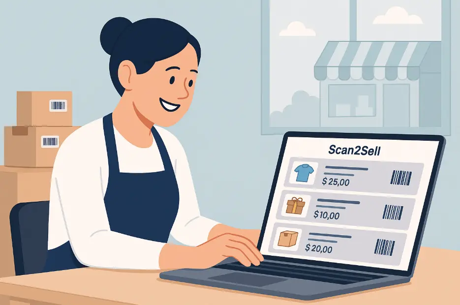 “Store owner watching Shopify product listings appear instantly after scanning UPC barcodes with Scan2Sell.”