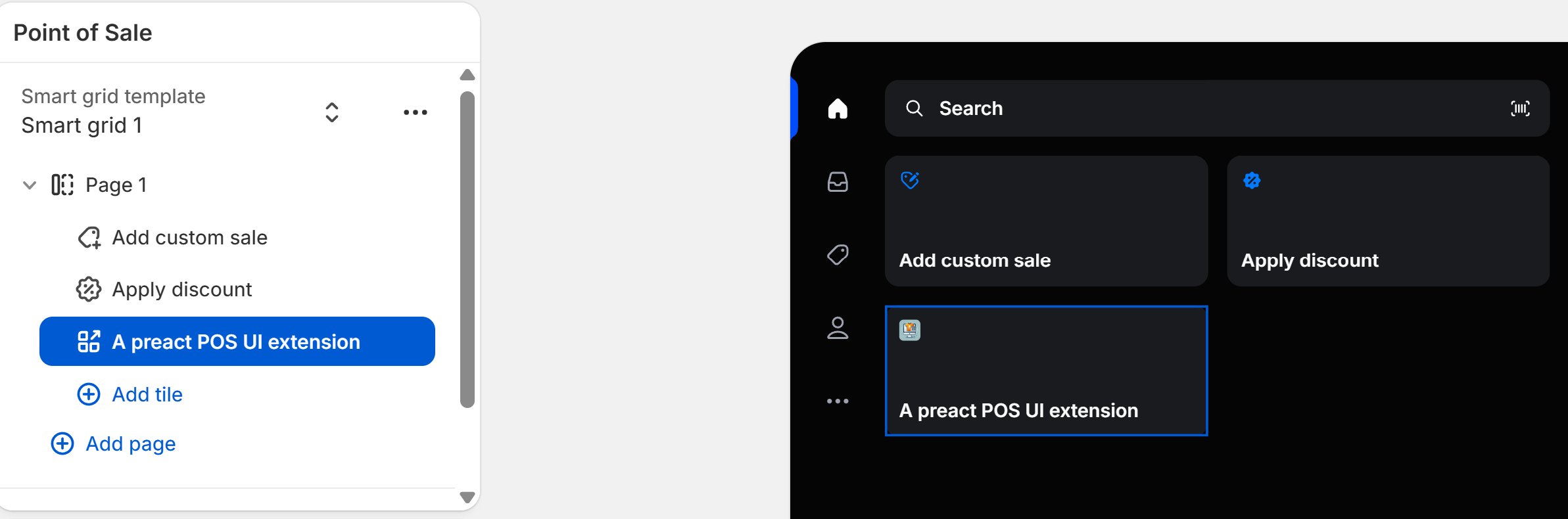 Shopify POS Smart Grid editor showing the Scan2Sell tile added and selected, with a live preview of the POS home screen displaying the Scan2Sell app tile alongside Add custom sale and Apply discount