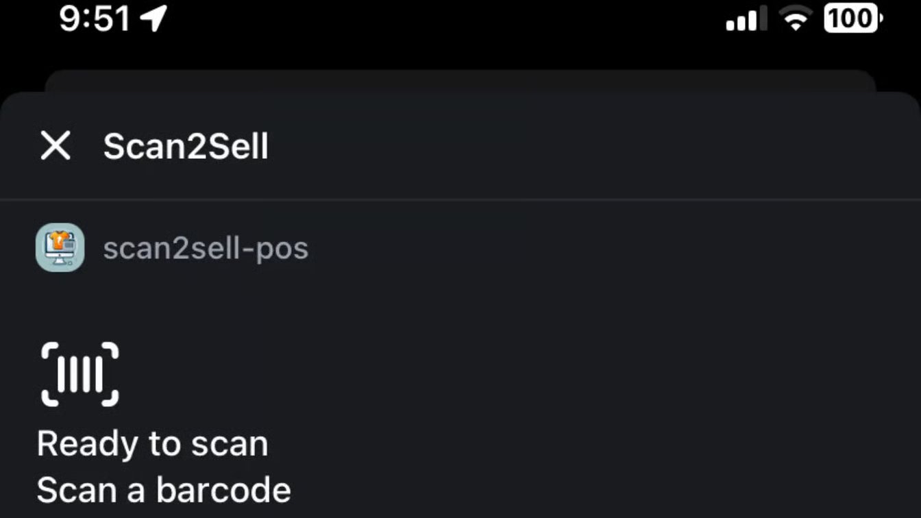 Scan2Sell POS interface open on a phone showing the scan2sell-pos extension with a barcode icon and the text Ready to scan, Scan a barcode