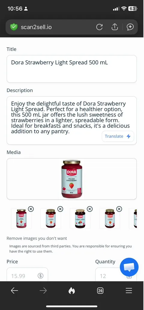 Scan2Sell draft product listing screen showing a generated title, description and product image for a jar of strawberry spread, with price and quantity fields below still open for editing