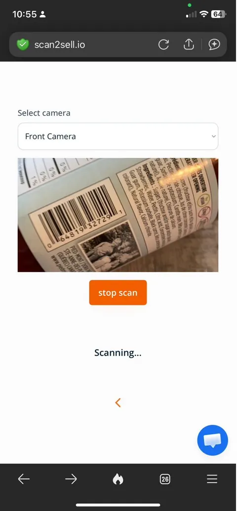 Scan2Sell live barcode scanner screen on a phone camera scanning a product label, with a stop scan button and a scanning status message