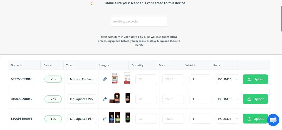 Scan2Sell scan queue table showing multiple scanned products with barcode, title, images, quantity, price and weight columns ready for bulk upload to Shopify