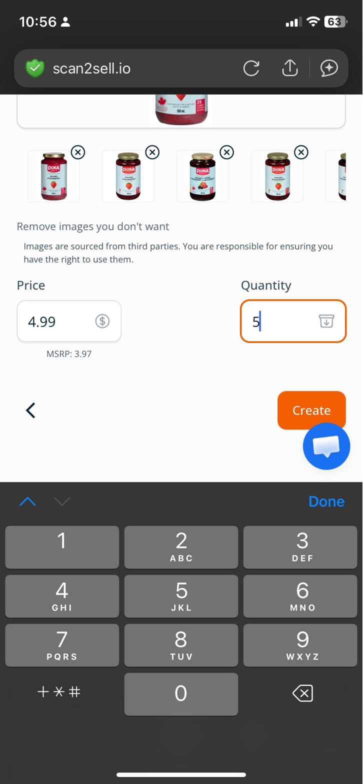 Scan2Sell listing screen showing price field and quantity field highlighted with the on-screen keyboard open and a Create button in the bottom right corner