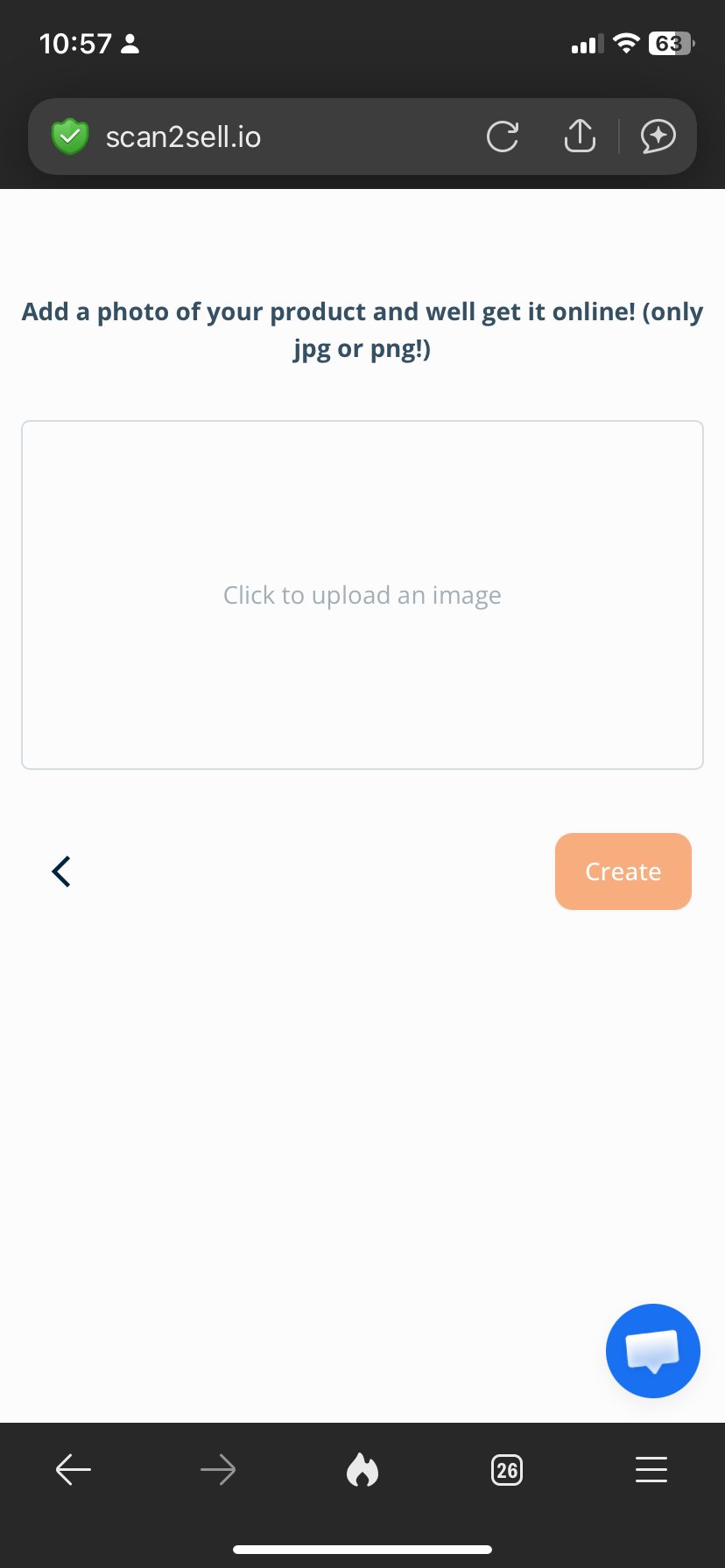 Scan2Sell Take Picture screen showing an empty upload area with Click to upload an image placeholder text