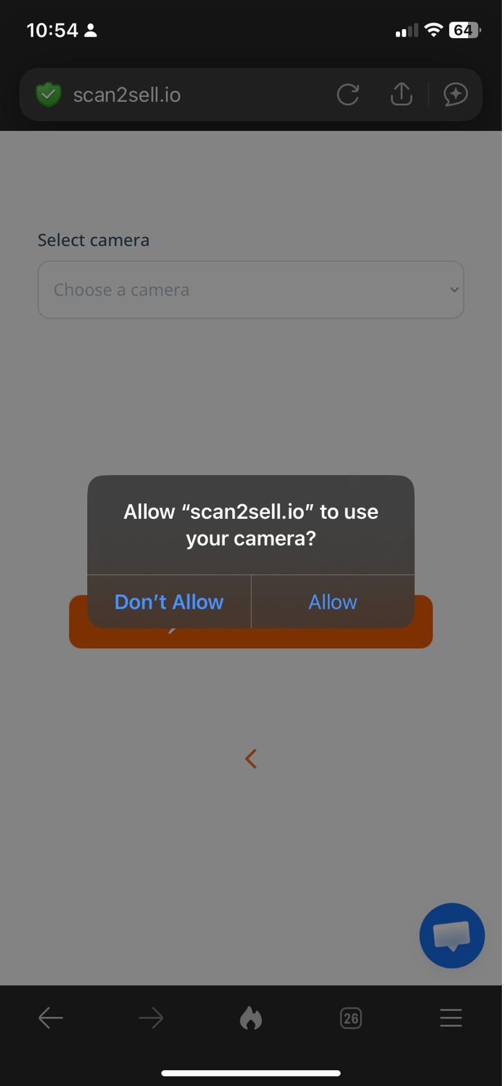 Scan2Sell home screen showing five input options: Scanner Gun, Camera Scanner, Take Picture, Scan Queue and Import CSV