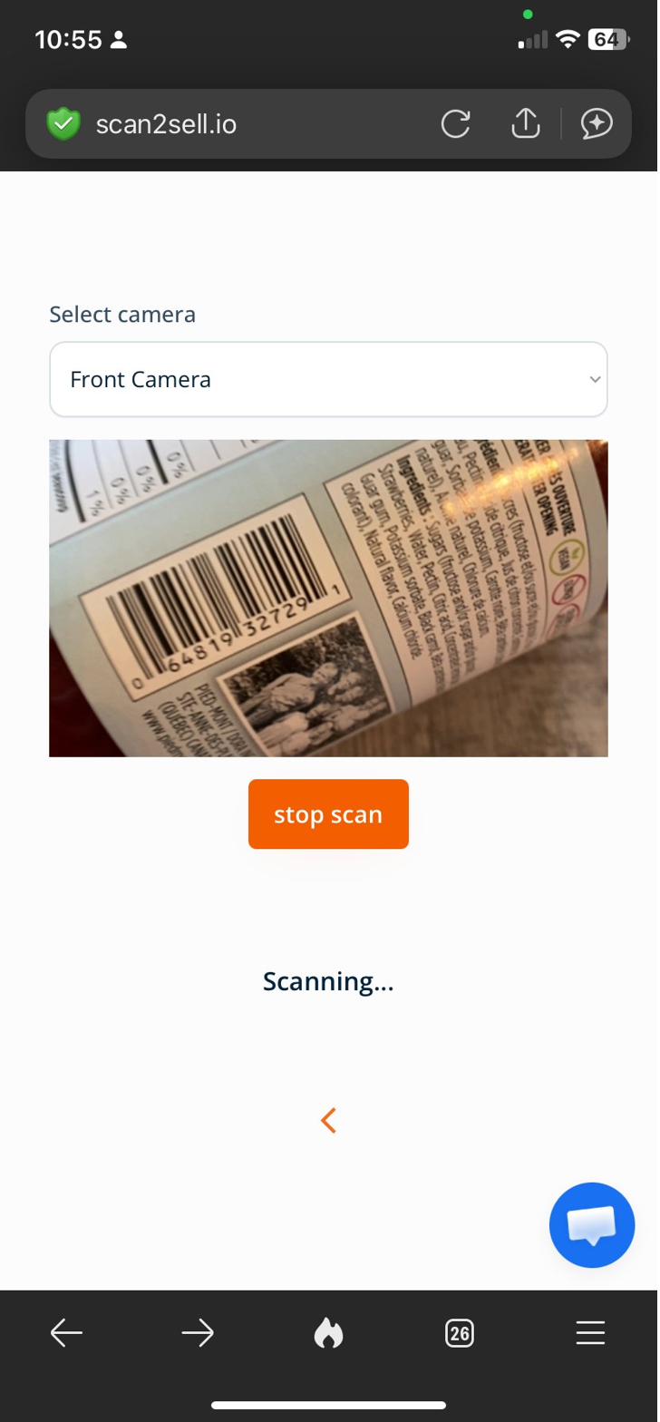 Scan2Sell app home screen showing Scanner Gun, Camera Scanner, Take Picture, Scan Queue, and Import CSV options