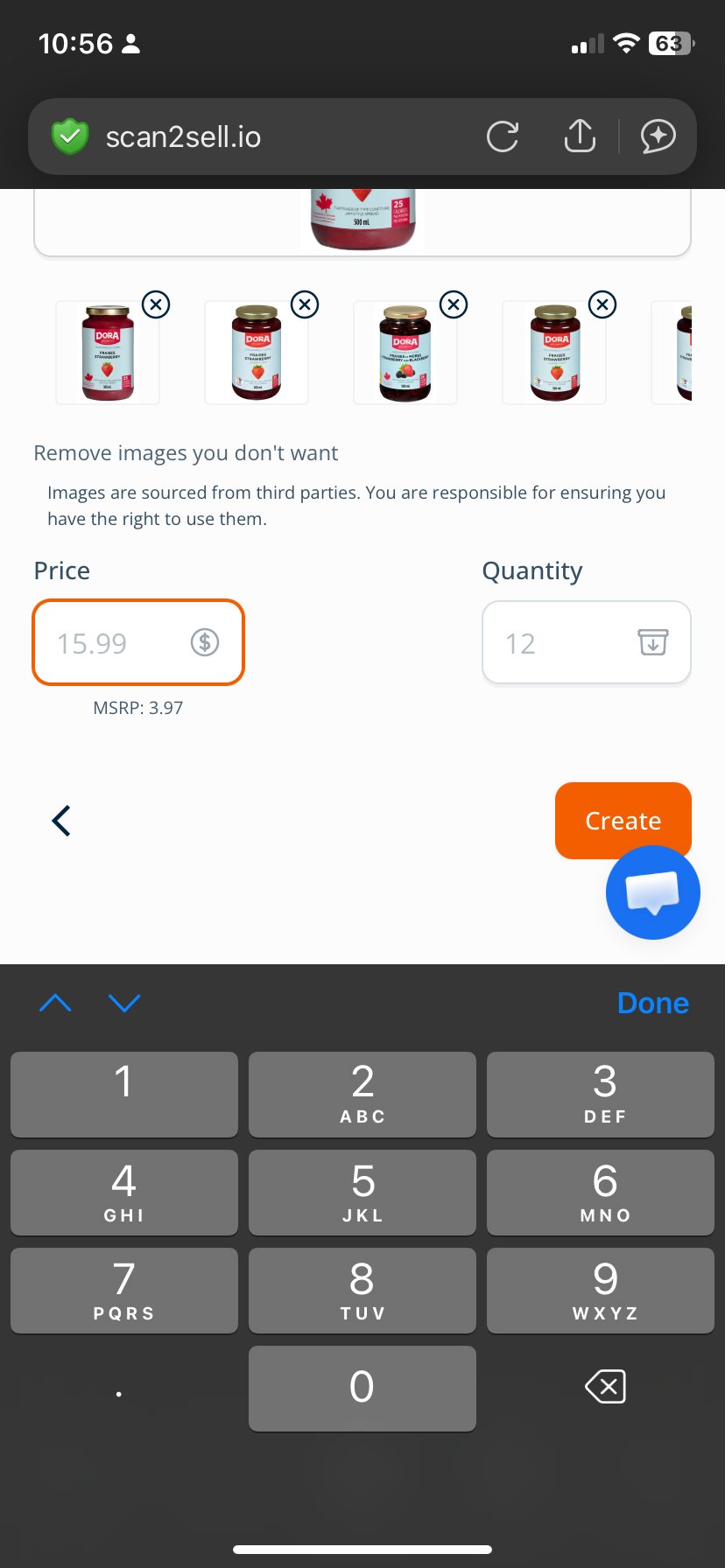 Scan2Sell listing result showing auto-filled title, description, and product images for Dora Strawberry Light Spread