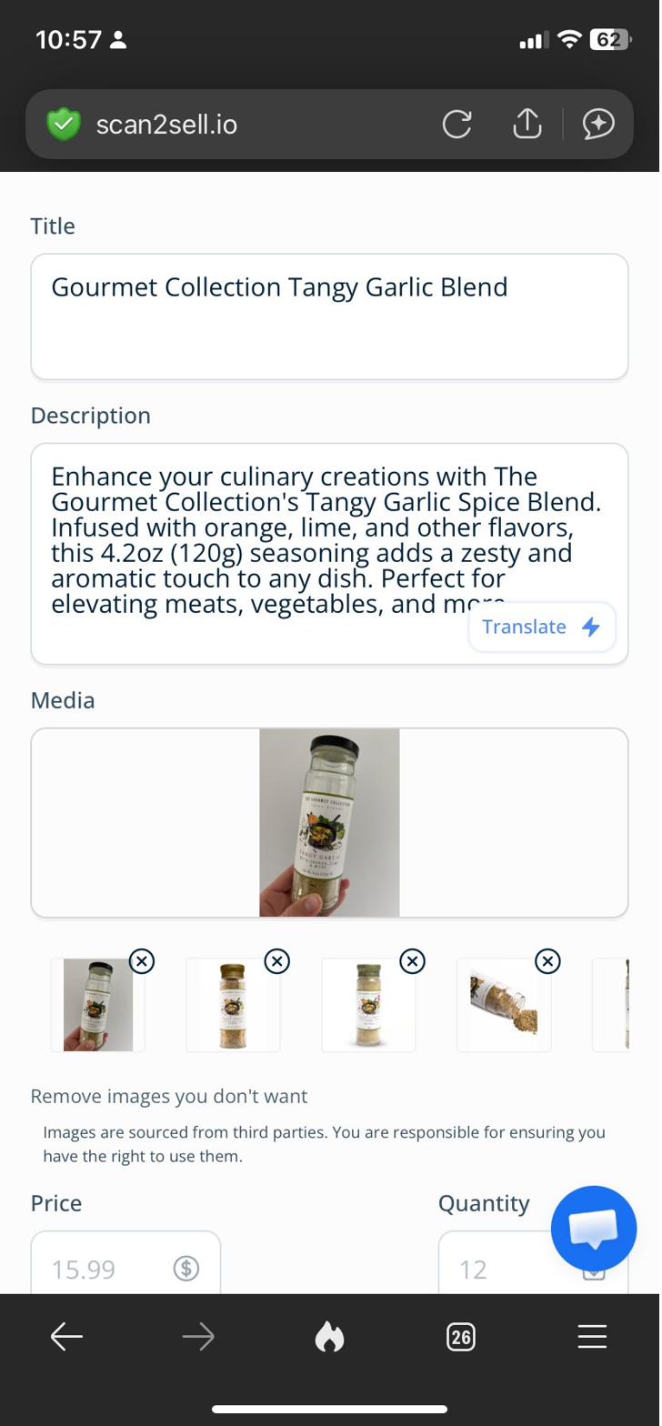 Scan2Sell price and quantity entry screen with images selected for the product listing