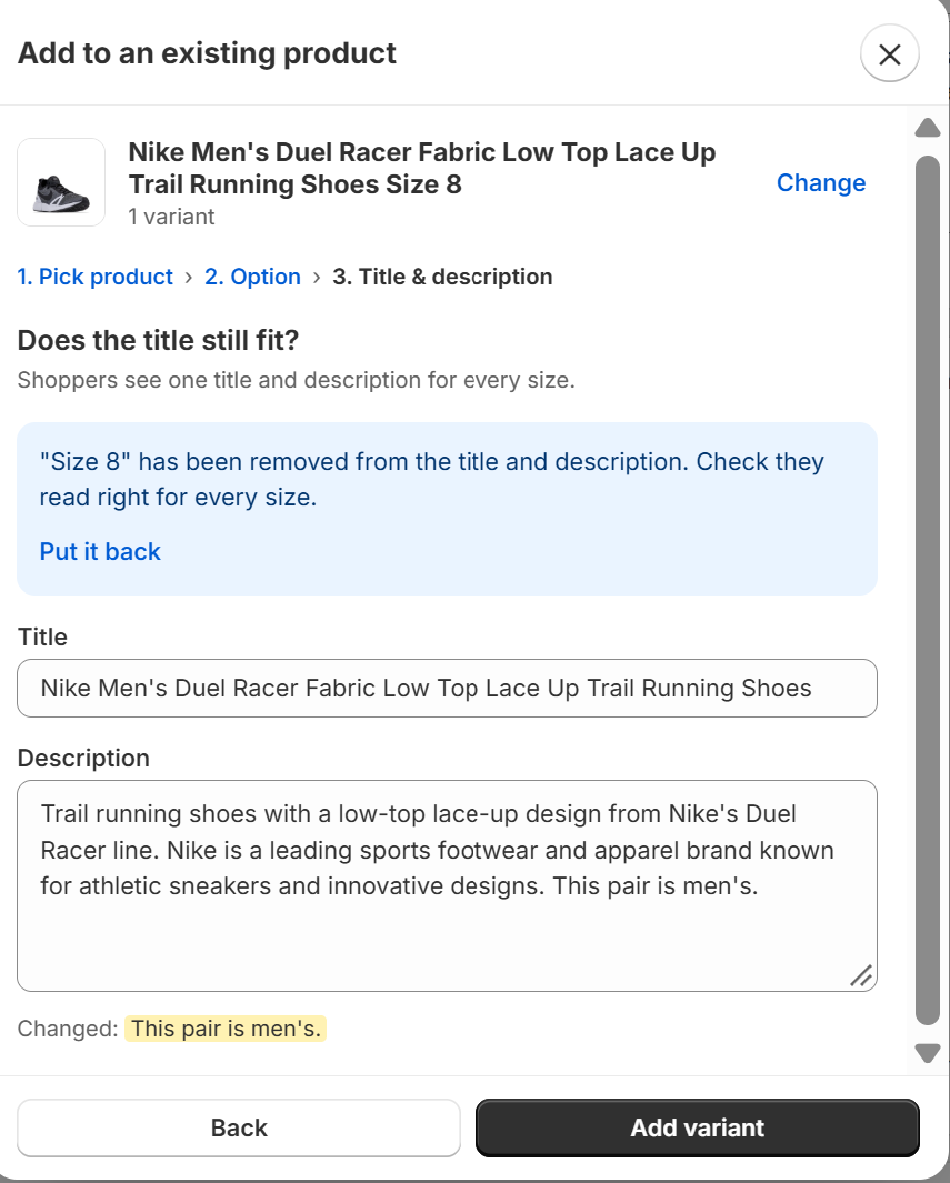 Step 3 of Add as variant, where "Size 8" has been removed from the title and description, with a Put it back link.
