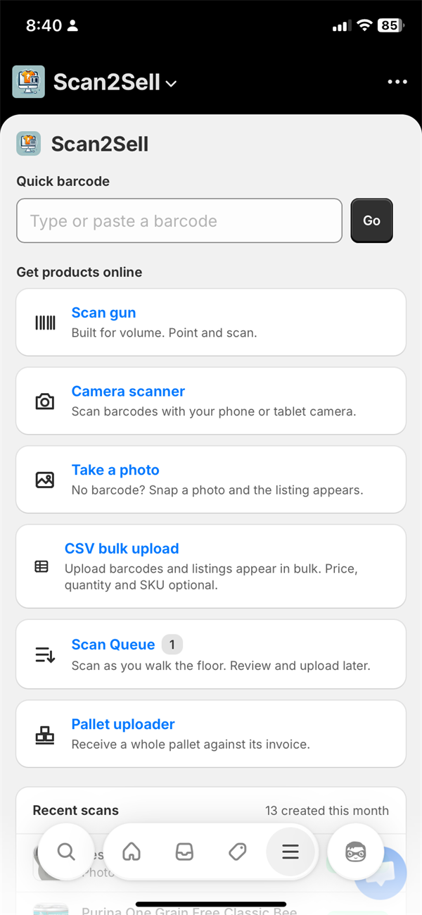The Scan2Sell home screen on a phone, with Quick barcode at the top and Scan gun, Camera scanner, Take a photo, CSV bulk upload, Scan Queue and Pallet uploader below.