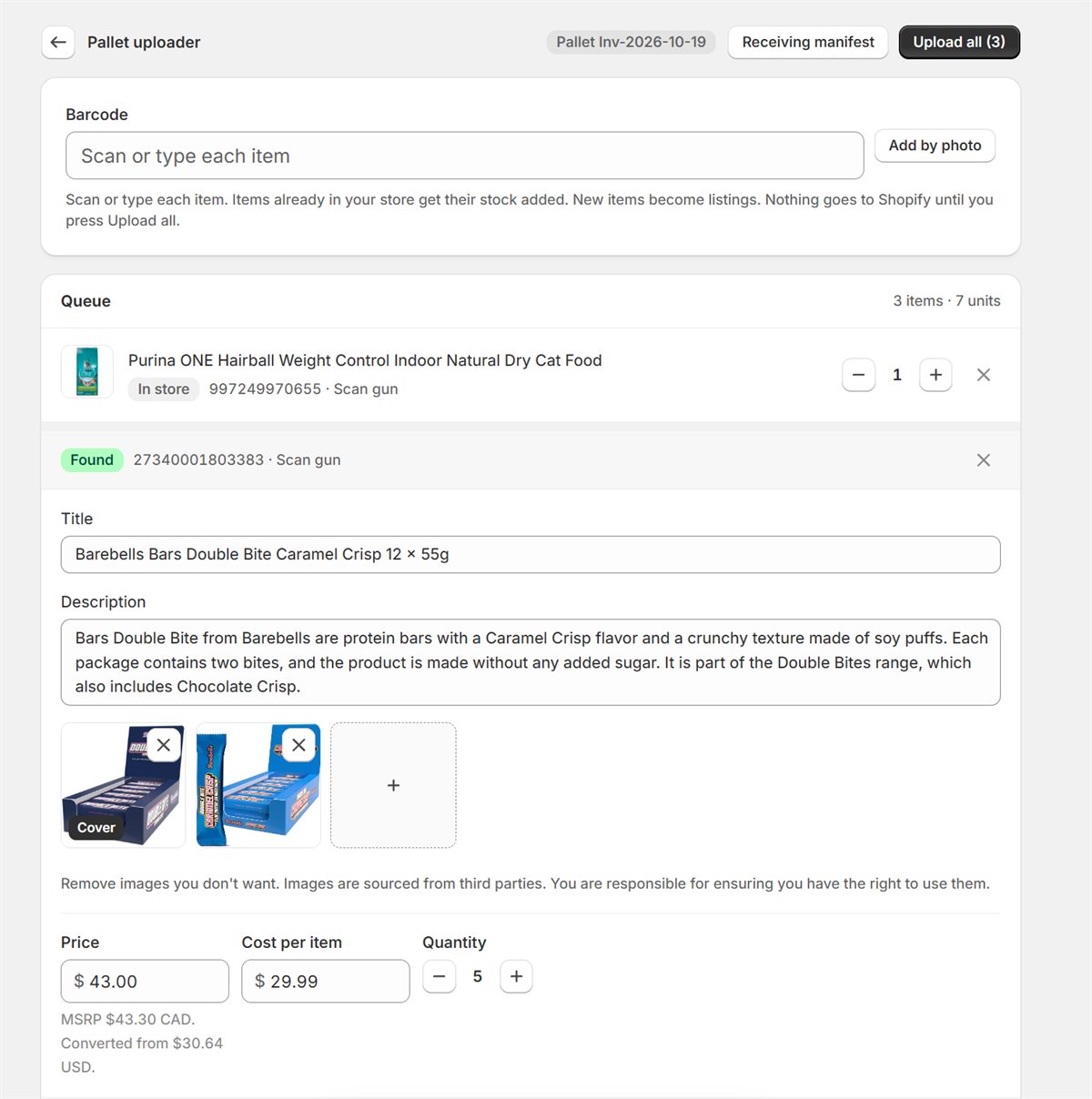 The Pallet uploader queue with one item already In store and one new item Found, and an Upload all button.