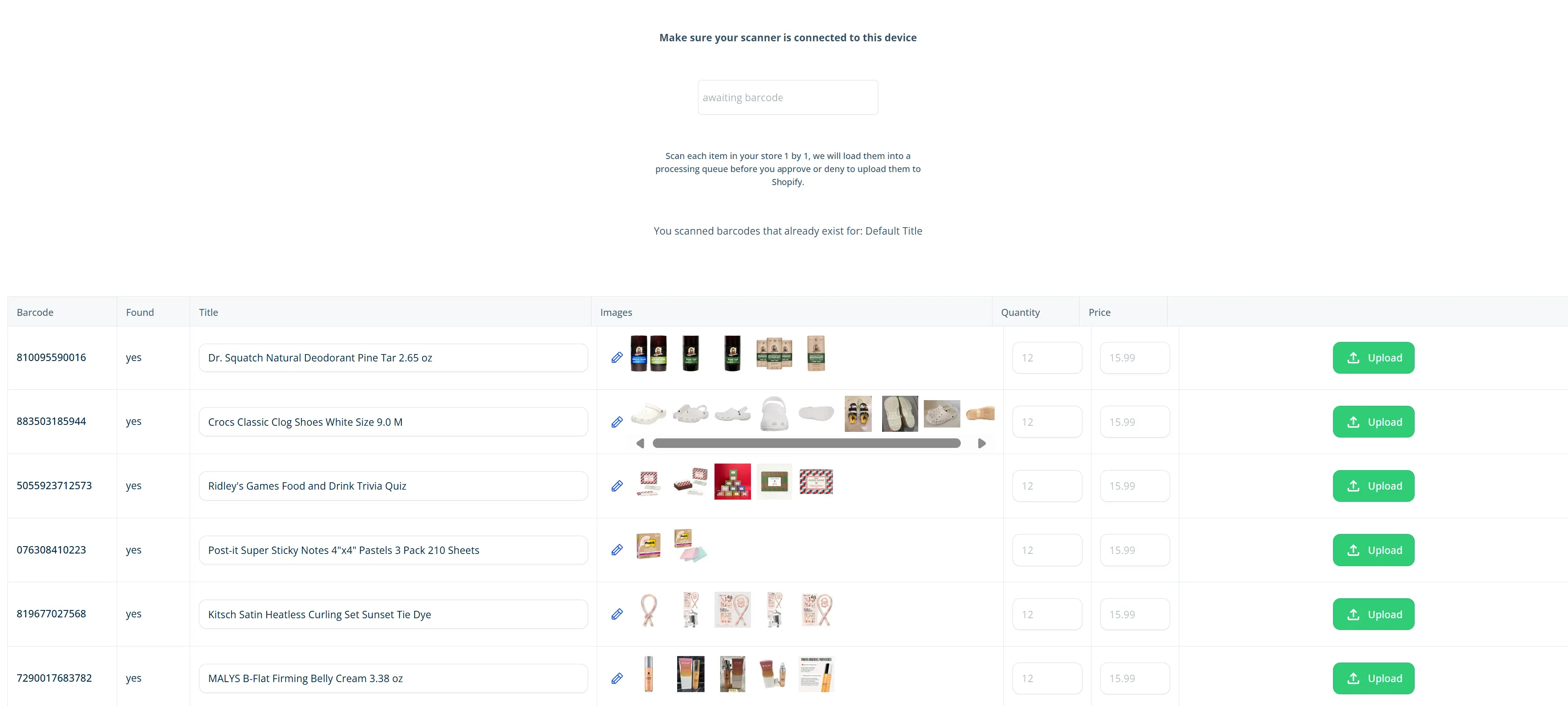 Scan2Sell Scan Queue interface showing multiple scanned products in a processing queue with barcode, product details, images, quantity, pricing, and upload options for Shopify