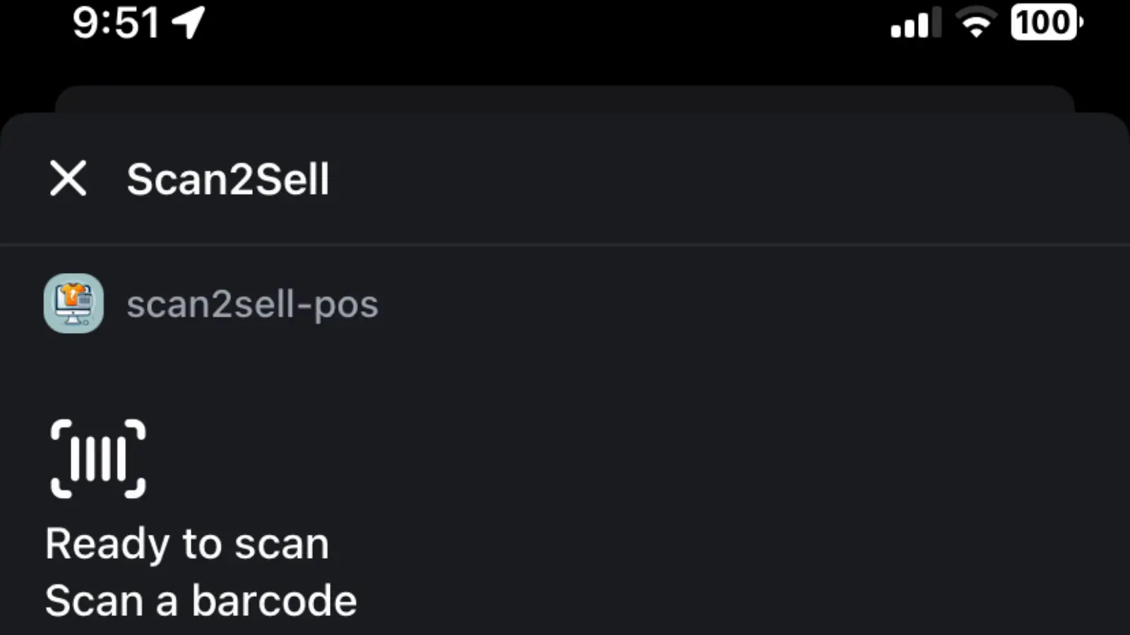 Scan2Sell app inside Shopify POS displaying barcode scanning interface for adding products in-store