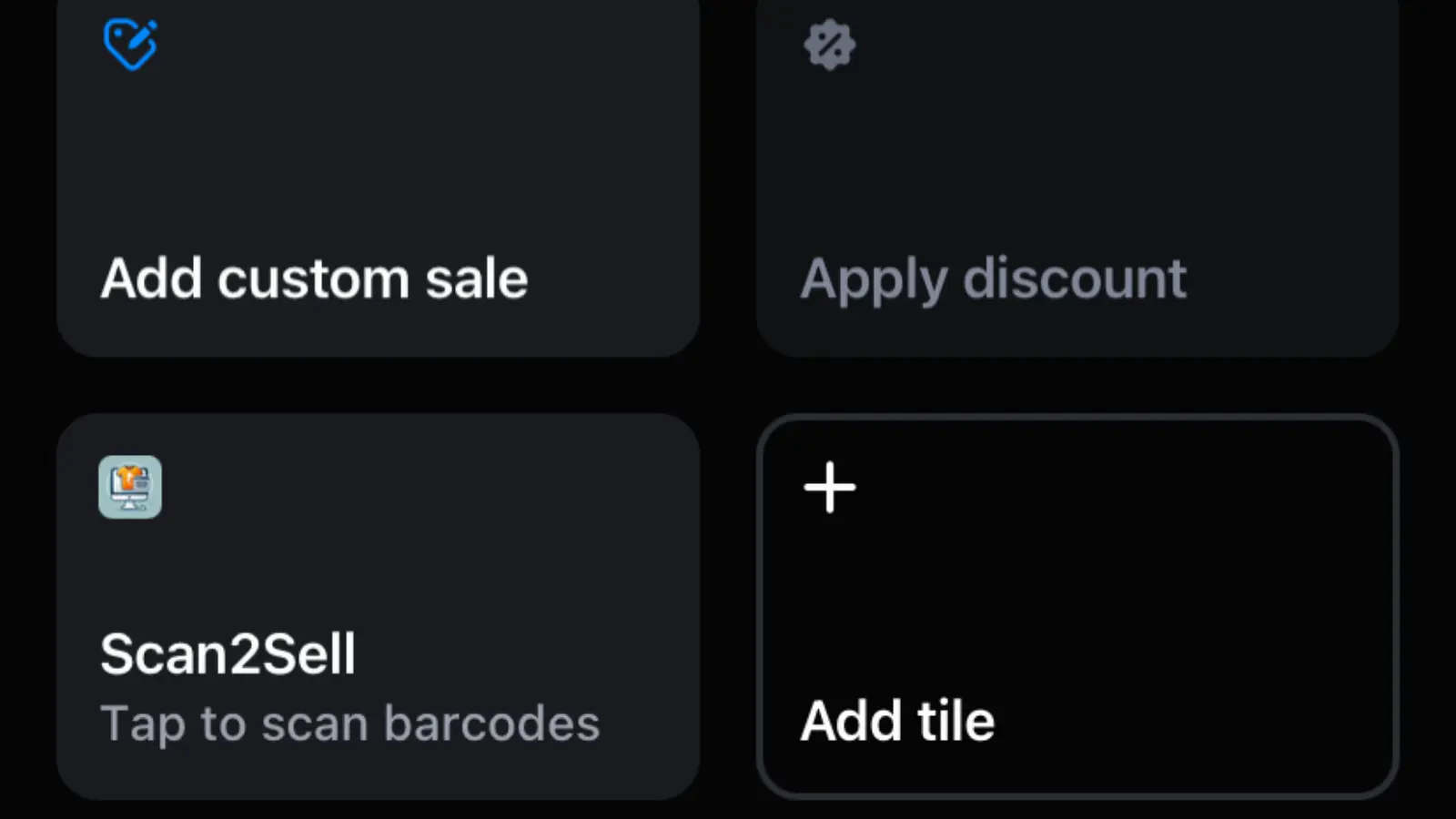 Shopify POS interface with Scan2Sell tile enabled for quick product scanning and inventory setup