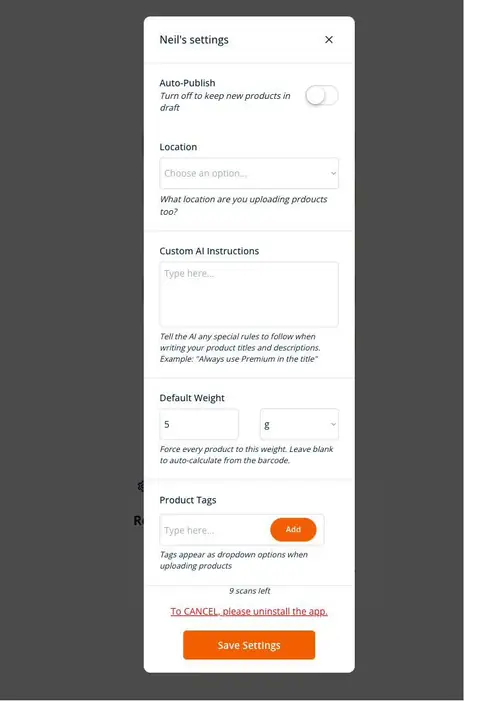 Scan2Sell account settings screen showing Auto-Publish toggle, Location dropdown, Custom AI Instructions box, Default Weight fields, and Product Tags