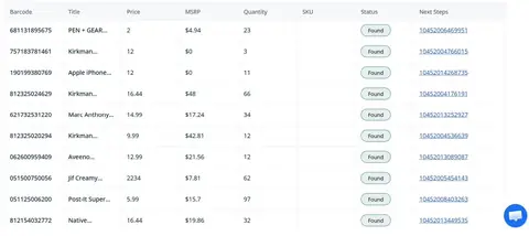 Scan2Sell Import CSV upload screen showing the Barcode, Price, Quantity, and SKU columns, with Barcode as the only required field