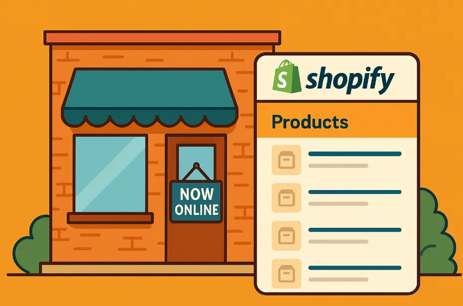 Flat-style illustration of a local brick storefront with a “Now Online” sign in the door and a transparent overlay of the Shopify dashboard displaying product listings, symbolizing the store’s transition to e-commerce.
