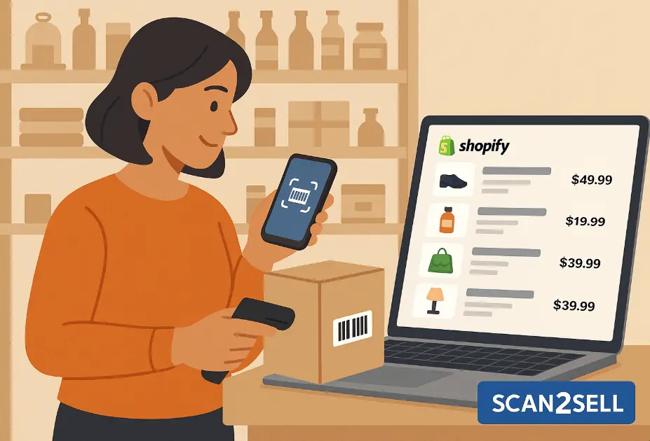 A small shop owner scans a product barcode using the Scan2Sell app on her smartphone, with a laptop beside her showing Shopify product listings.