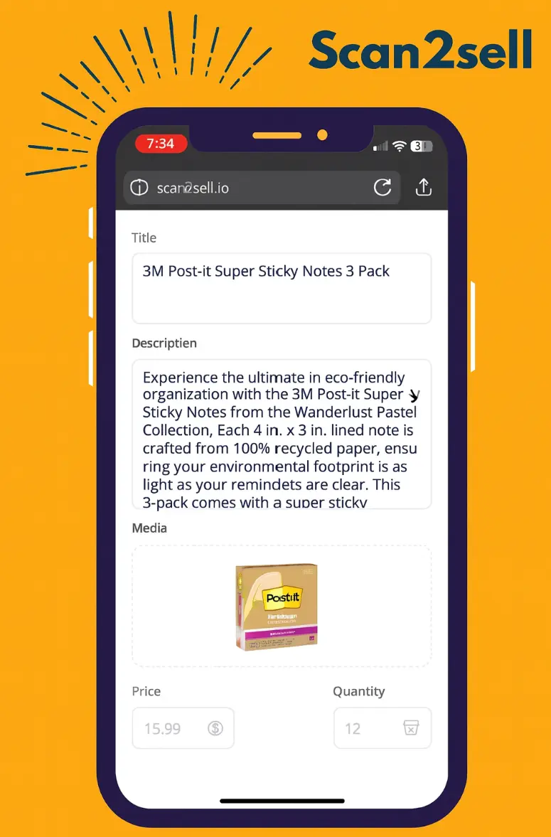 Close-up illustration of a smartphone displaying the Scan2Sell mobile app with a product listing for “3M Post-it Super Sticky Notes 3 Pack,” showing title, description, image, price, and quantity fields on an orange background