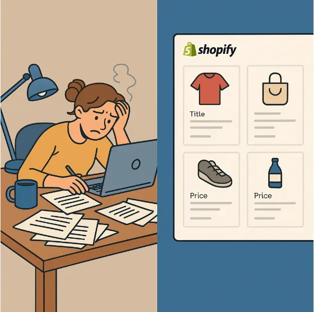 Flat illustration of a shop owner frustrated while manually typing product details into Shopify, contrasted with a clean upload screen showing organized product listings.