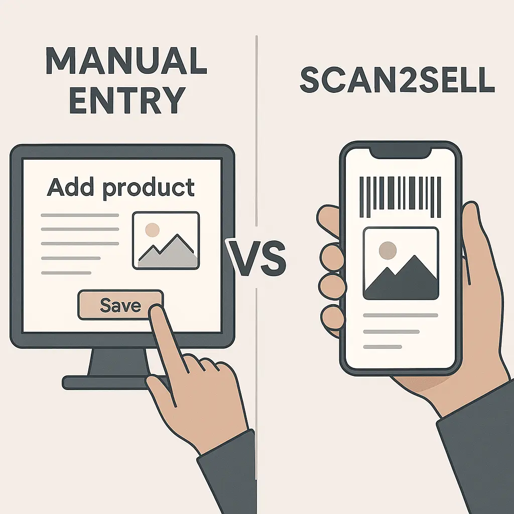 Split-screen illustration comparing manual Shopify product entry with automated CSV upload, highlighting faster and more efficient product listing.