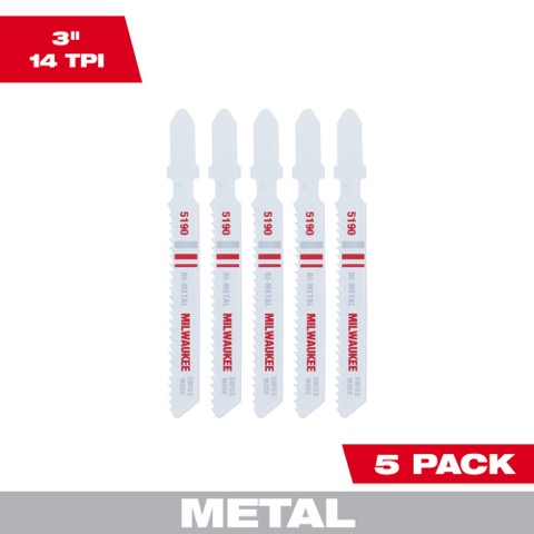 Milwaukee 14TPI 3" Metal Cutting Jig Saw Blades, 5 Pack