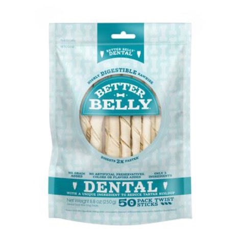 Better Belly Highly Digestible Rawhide Dental Twist Sticks 8.8 Oz Count of 50