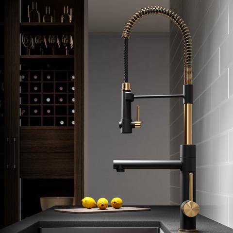 Daniel Kraus Artec Pro Pull Down Kitchen Faucet, Brushed Gold/Black