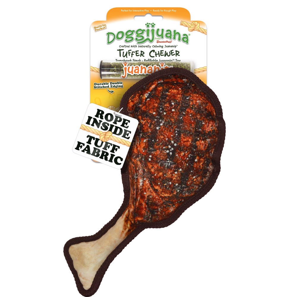 Doggijuana Tuffer Chewer Plush Squeaky Refillable Dog Toy Tomahawk Steak Small photo 1